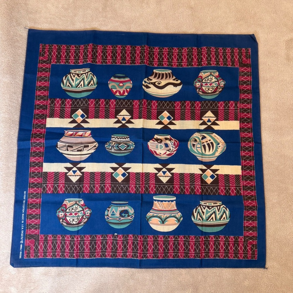Vintage 80's Arvale Rogers Southwest Pottery Native American Bandana Scarf USA